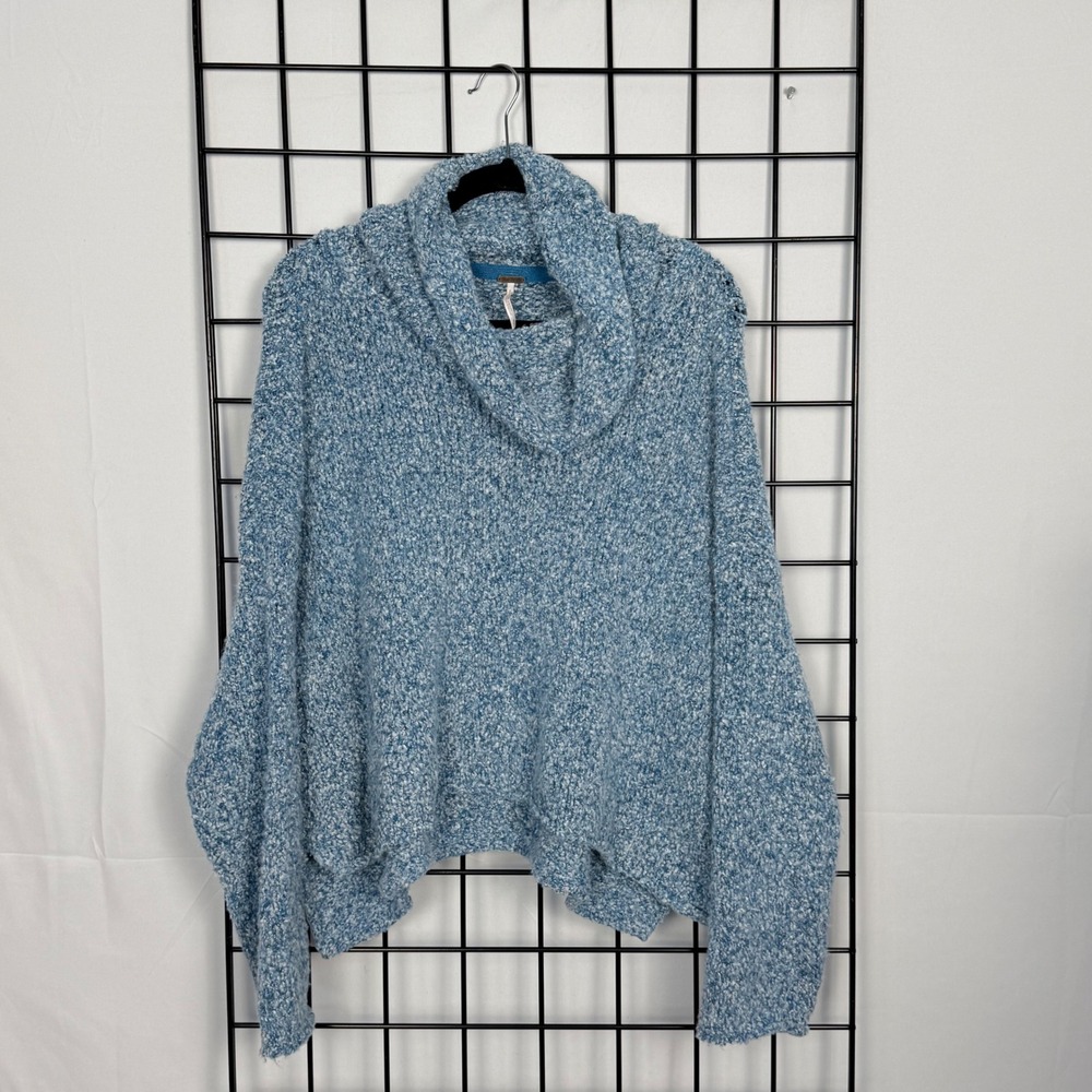Free People BFF Cowl Neck Sweater Womens Small Blue/White Oversized Boxy Boho
